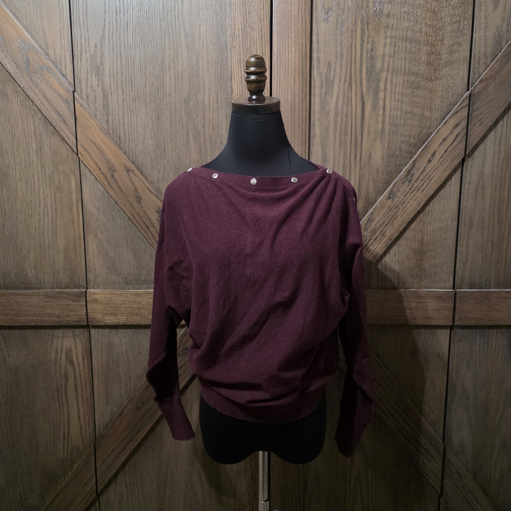 AllSaints Burgundy Boatneck Sweater with Snap Accent